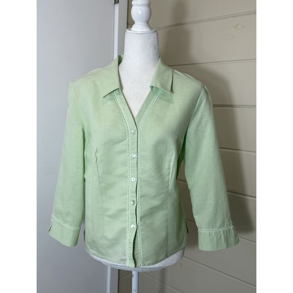Villager Light Green Linen Button Down Blouse Sz 14 Tailored 3/4 Sleeve Classic